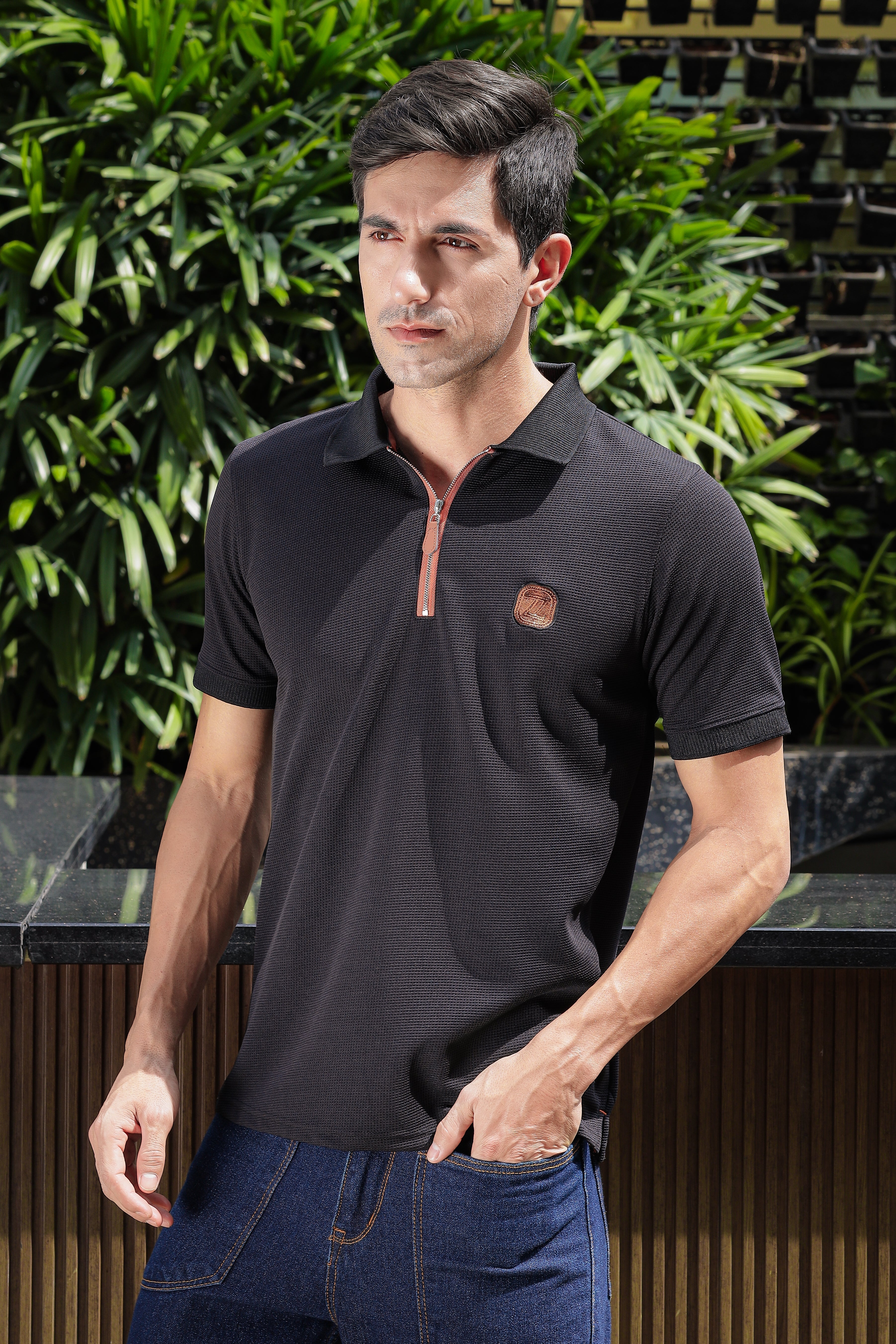 Men's Black Embroidery Logo Half Sleeve T-Shirt | PT-02